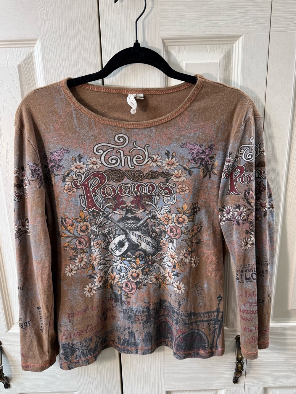 Susan Lawrence The Poets Graphic Long Sleeve Tee Brown Guitar Floral Made USA L
